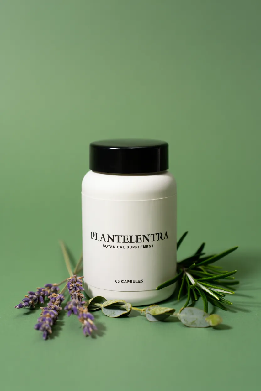 Plantelentra botanical supplement packaging with natural plant ingredients displayed elegantly
